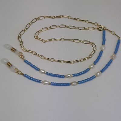 Glasses cord miyuki pearl stainless steel gold plated aqua blue