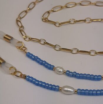 Cordon à lunettes miyuki perle acier inoxydable plaqué or bleu aqua 2