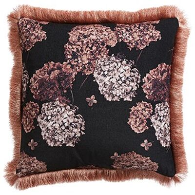 Hortensia cushion w/fringe cott. velvet 50x50 cm black/rose