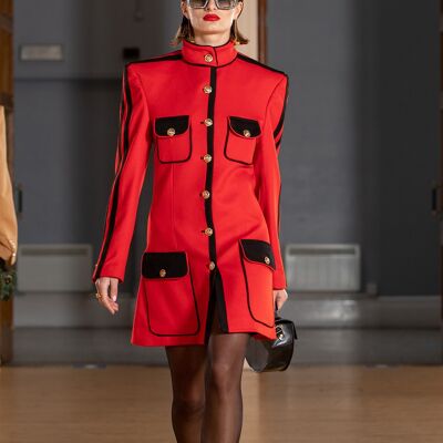 Helen Anthony Broad- Shouldered Banned Collar Red and Black Wool Jacket