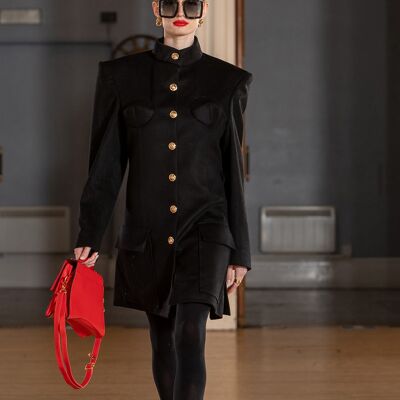 Helen Anthony Broad- Shouldered Banned Collar with hand stitched Brassieres Black Wool Jacket