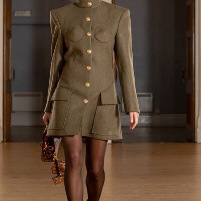 Helen Anthony Broad- Shouldered Banned Collar with hand stitched Brassieres Khaki Wool Jacket