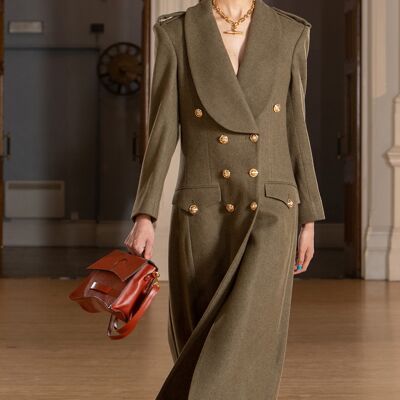 Helen Anthony large-épaule double boutonnage large châle revers 8 boutons kaki britannique luxe laine étage longueur pardessus