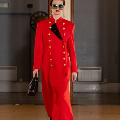 Helen Anthony Broad- Shouldered Banned Collar 16-Buttons Red and Black British Luxury Wool Long Overcoat