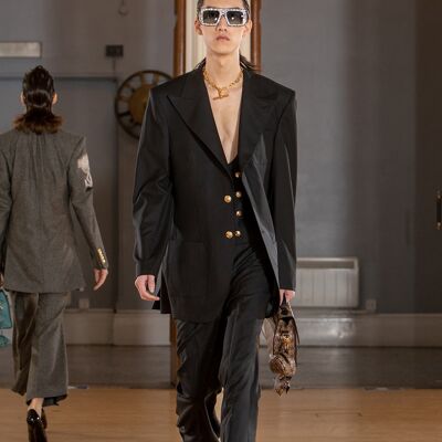 Chaqueta de hombros anchos, chaleco y pantalón de cintura alta de 3 piezas de lana negra británica de lujo de Helen Anthony