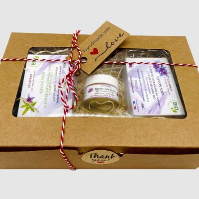Box of cosmetics with organic saffron flowers