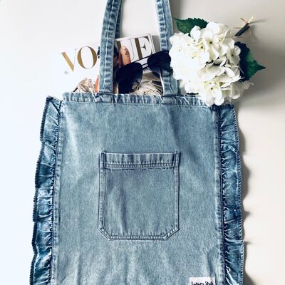 Denim Frill Pocket Cotton Tote Bag