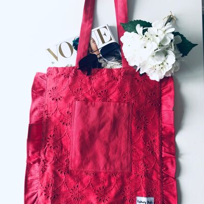 Broderie Anglaise Frill Cotton Pocket Tote Bag (LS030122B-C)