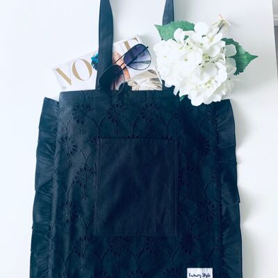 Broderie Anglaise Frill Cotton Pocket Tote Bag (LS030122B-B)
