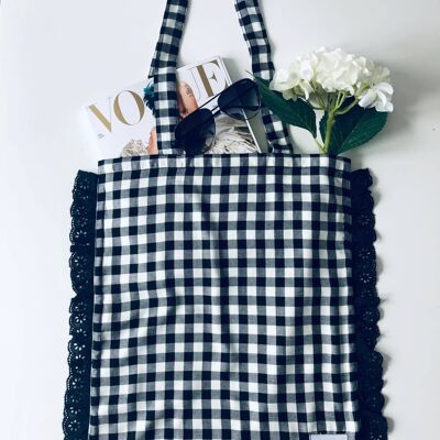 Gingham Broderie Anglaise Frill Cotton Tote Bag