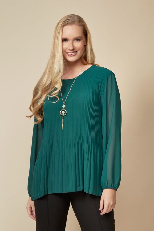 Long Sleeves Oversized Pleated Top with Tulle Details in Green One Size