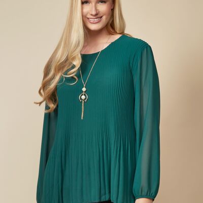 Long Sleeves Oversized Pleated Top with Tulle Details in Green One Size