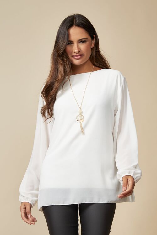 Long Sleeves Oversized Pleated Top with Tulle Details in White One Size