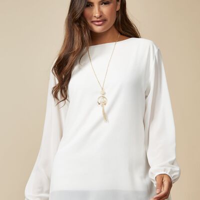 Long Sleeves Oversized Pleated Top with Tulle Details in White One Size