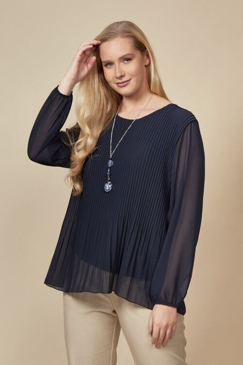 Long Sleeves Oversized Pleated Top with Tulle Details in Navy One Size