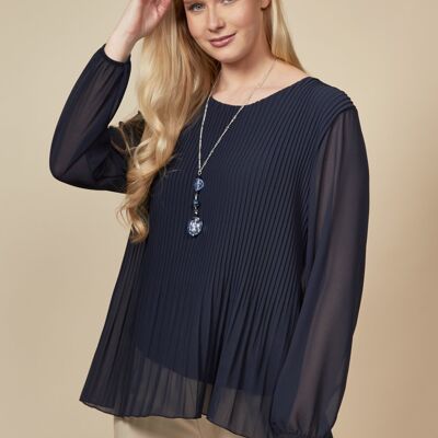Long Sleeves Oversized Pleated Top with Tulle Details in Navy One Size