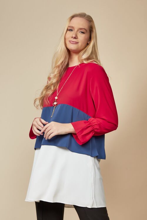 Oversized Colour Block Top in Red, Blue and White with Necklace