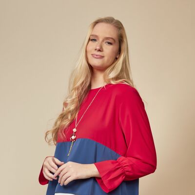 Oversized Colour Block Top in Red, Blue and White with Necklace