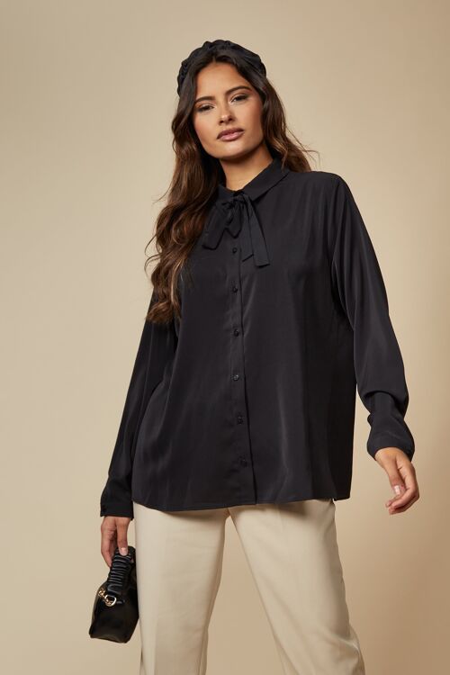 Tie Neck Oversized Top in Black