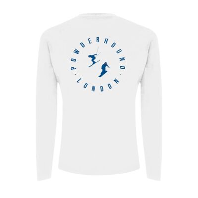 Powderhound white long sleeve t shirt (blue skier)