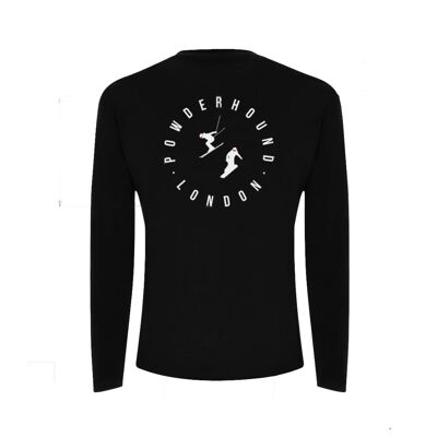 Powderhound black long sleeve t shirt (white skier)