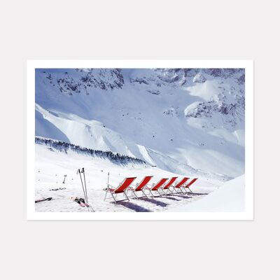 RED DECK CHAIRS, MOUNTAIN ART PRINT - A3 (42cm x 29.7cm) unframed print