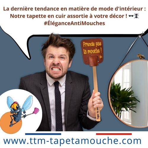 Prends pas la mouche ! - tapette à mouche - cuir - bois - Qualité - Artisanat -  humoristique - durable - écologique -  Élégant - Pratique - Jardin - Insectes - Décoration