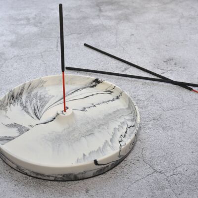 Large Black and White Marbled Incense Holder in Jesmonite Stone