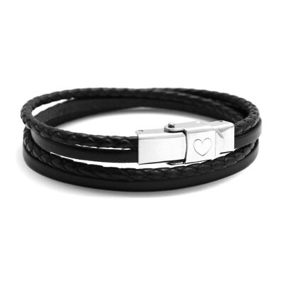 Double turn black leather and steel bracelet for children - HEART engraving