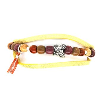 Bracelet double cordon jaune et bois - Papillon 2