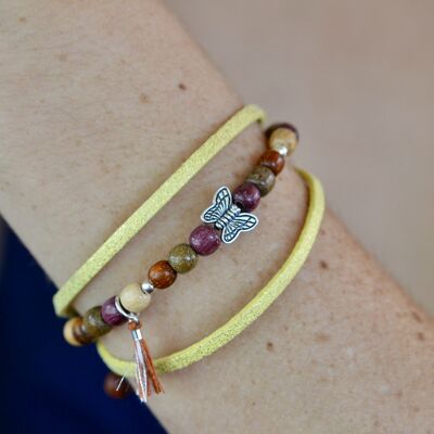 Pulsera doble cordón amarillo y madera - Mariposa