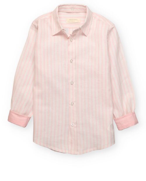 Camisa de niño de lino con rayas rosas y blancas