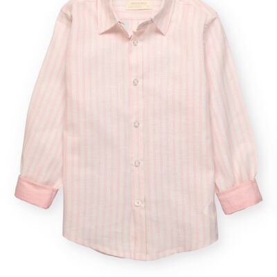 Camisa de niño de lino con rayas rosas y blancas