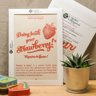 Letterpress poster Bring back your Strawberry, A4, recycled paper, humor, expression, red