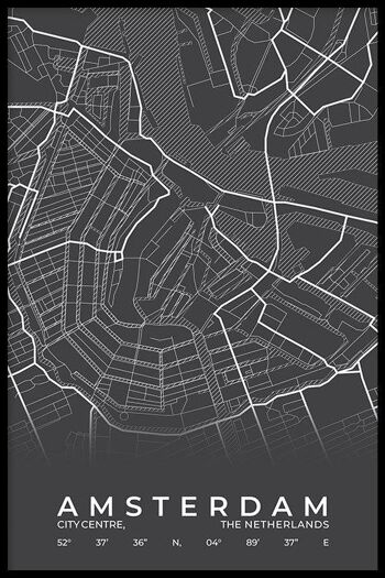 Walljar - City Map Amsterdam Centre - Blanc / Poster / 60 x 90 cm 2