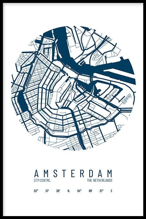 Walljar - Stadskaart Amsterdam Centrum IV - Wit / Poster met lijst / 60 x 90 cm