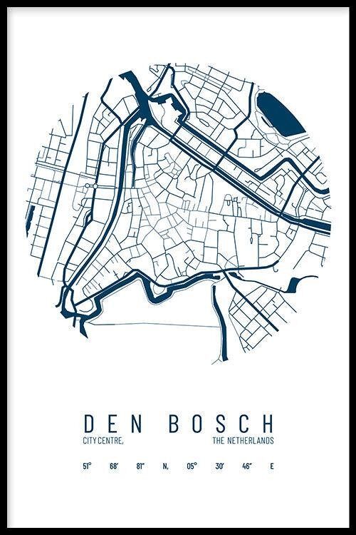 Walljar - Stadskaart Den Bosch Centrum IV - Wit / Poster met lijst / 60 x 90 cm