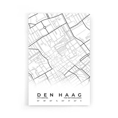 Walljar - Mapa de la ciudad de La Haya Centro - Blanco / Póster / 60 x 90 cm