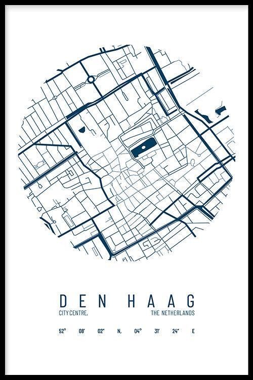 Walljar - Stadskaart Den Haag Centrum IV - Wit / Poster met lijst / 60 x 90 cm