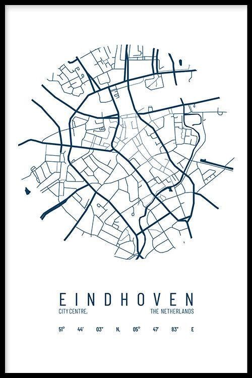 Walljar - Stadskaart Eindhoven Centrum IV - Wit / Poster met lijst / 60 x 90 cm
