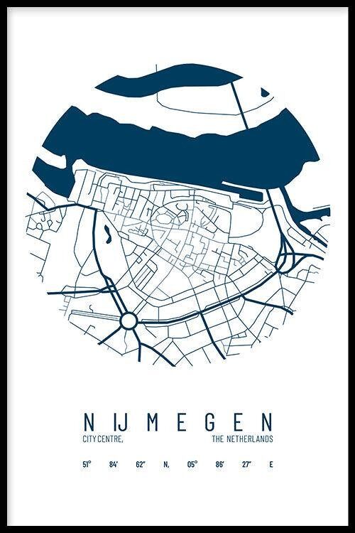 Walljar - Stadskaart Nijmegen Centrum IV - Wit / Poster met lijst / 60 x 90 cm