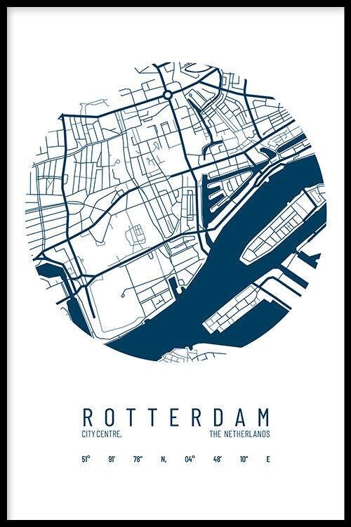Walljar - Stadskaart Rotterdam Centrum IV - Wit / Poster met lijst / 60 x 90 cm
