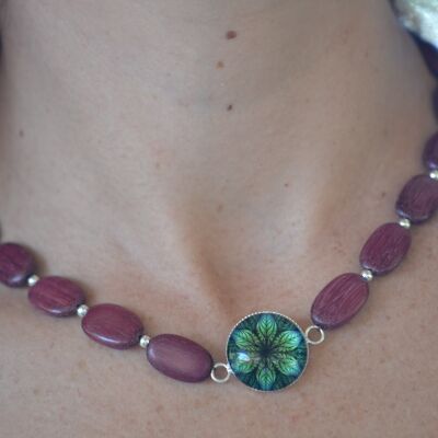 Collier cabochon verre et bois - Fleur