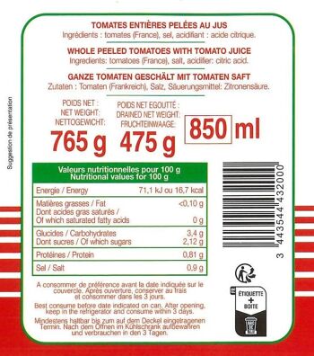 Tomates entières de Provence pelées au jus boite 4/4 2