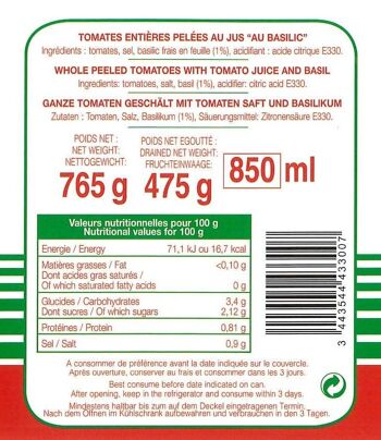 Tomates entières de Provence pelées au jus basilic boite 4/4 2