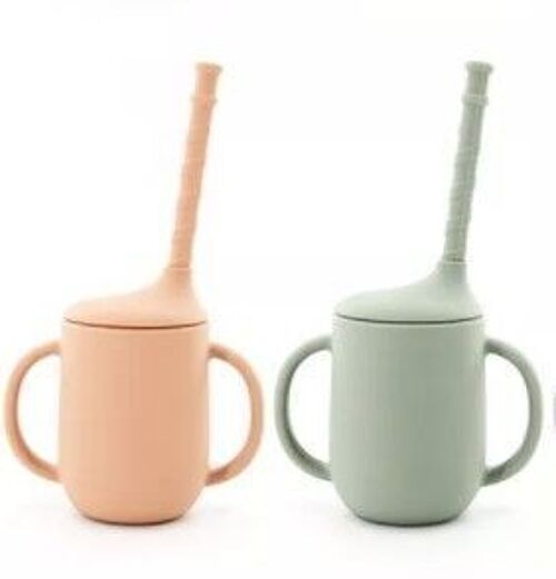 Silicone Cup with Straw Peach/Sage
