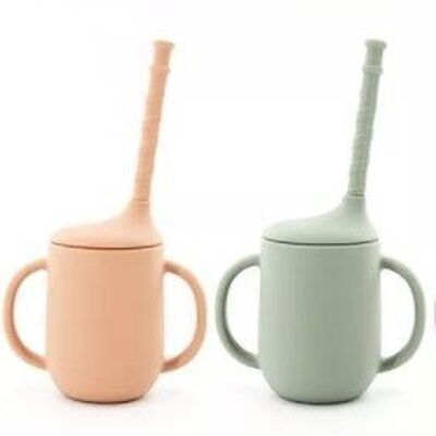 Silicone Cup with Straw Peach/Sage