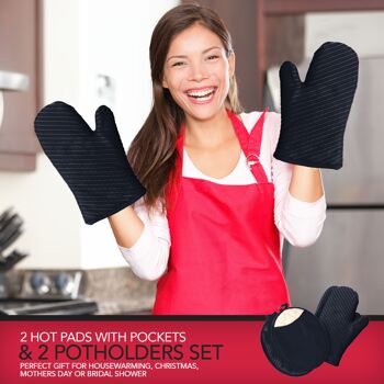 Maniques et gants de four avec bandes en silicone, 2 maniques et 2 coussins chauffants avec poches, ensemble de 4 pièces de linge de cuisine résistant à la chaleur - Noir 7