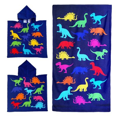 Children's pack "DINO" a poncho and a 100% polyester microfiber beach towel