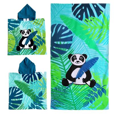 Pack infantil "PANDA" de poncho y toalla de playa microfibra 100% poliéster